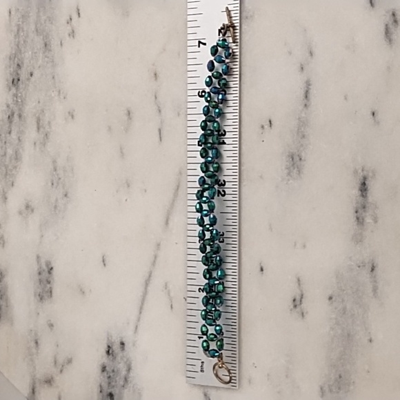 Vintage Brass Wire Woven Iridescent Green Faceted Beads Toggle Clasp - Picture 7 of 11